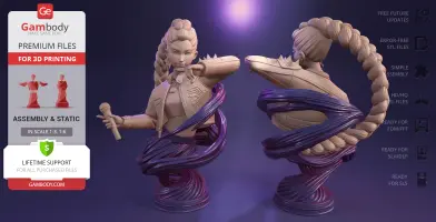 A stylized KPop-inspired demon hunter bust with intricate details and swirling base, ready for 3D printing.