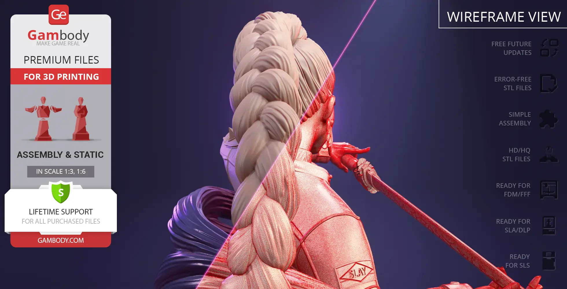 A 3D model of a female character with a long braid and sword, shown in full and wireframe view.