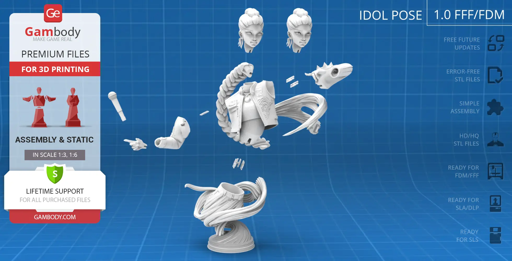 3D model parts of a 'KPop Demon Hunter' bust for assembly, floating on a blue grid background.