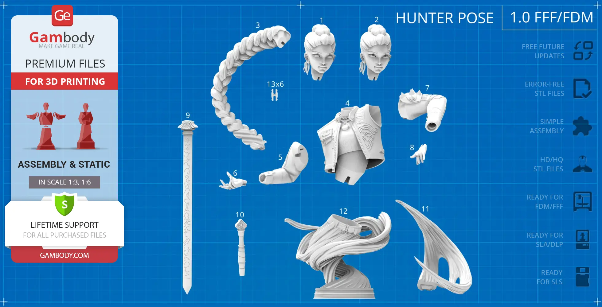 3D model parts for assembling a detailed bust of a KPop-style demon hunter with braided hair and armor.