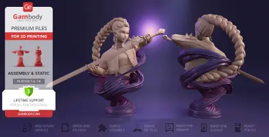 A stylized bust of a character with a long braid, holding a sword, wrapped in swirling ribbons.