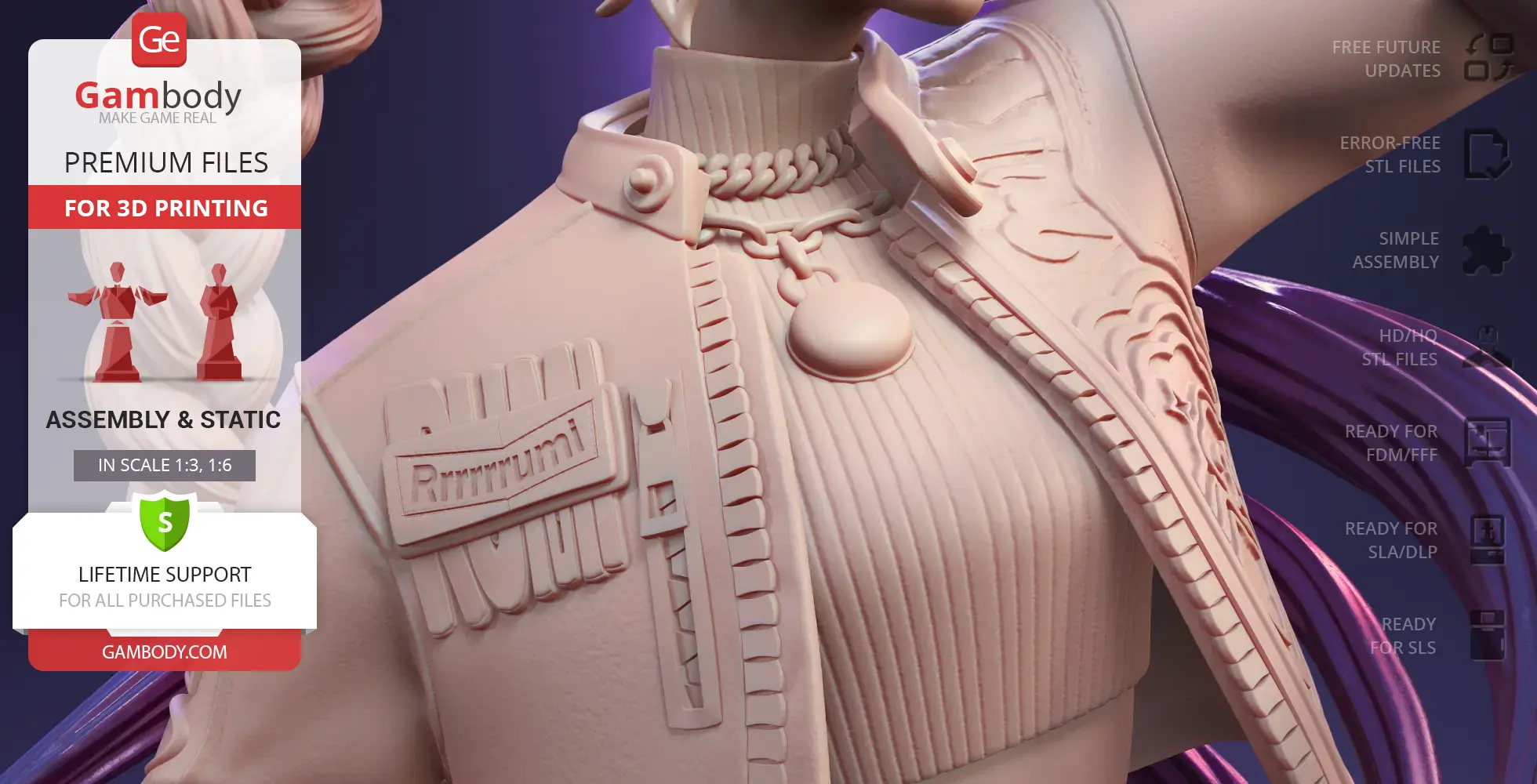 A detailed 3D-printed bust of a figure with a textured jacket, chain necklace, and intricate shoulder design.