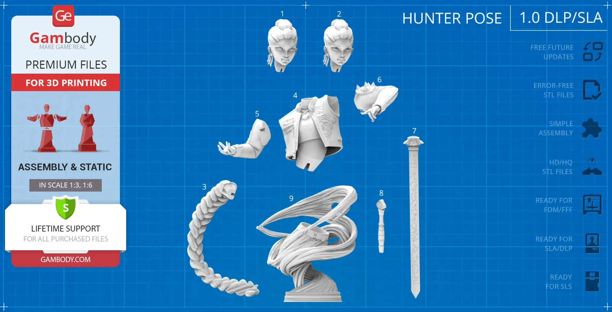 3D model parts for a KPop Demon Hunter bust, including head, arms, torso, base, and accessories for printing.
