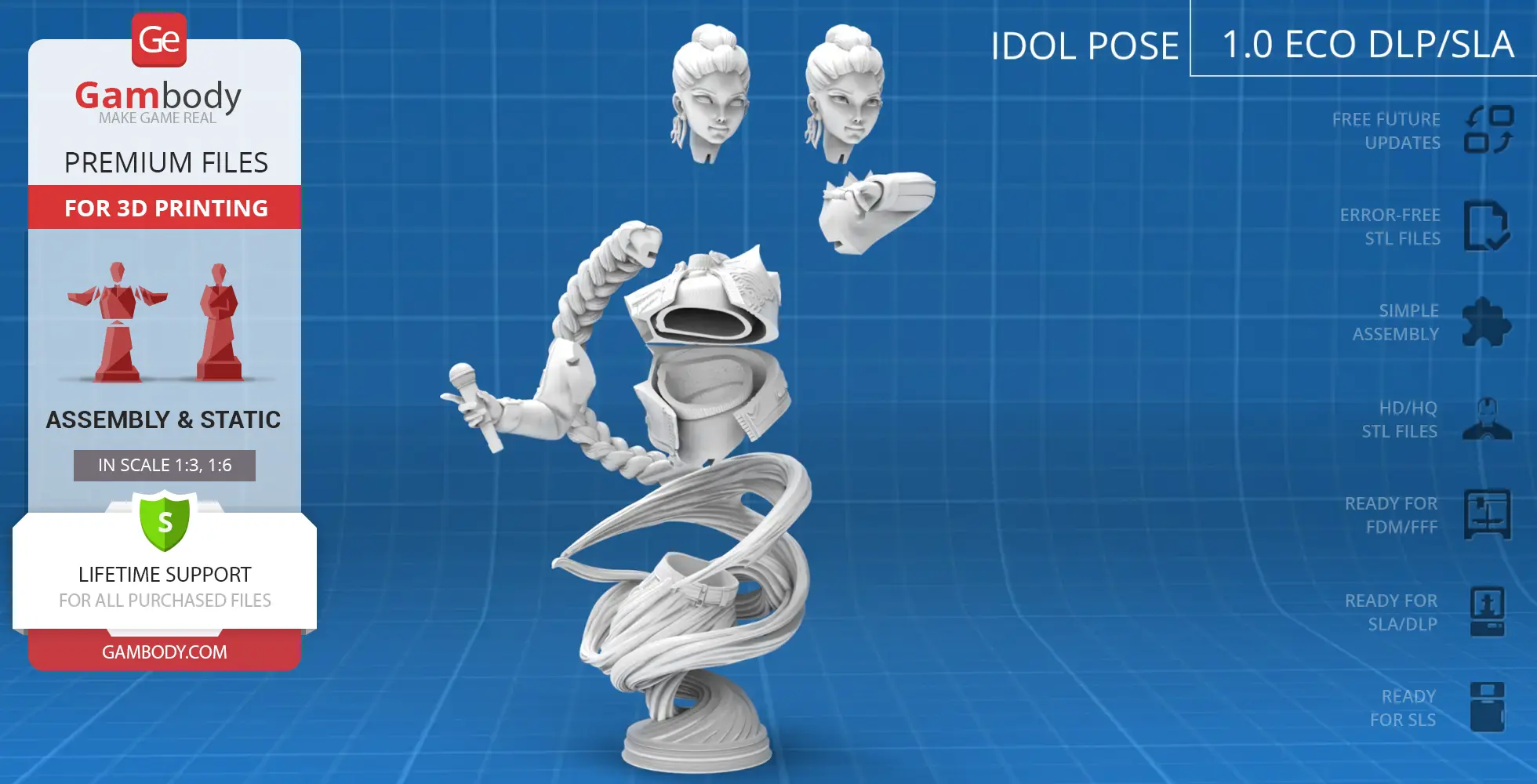 A 3D printable demon hunter bust, featuring separate pieces for head, arms, and torso in assembly view.