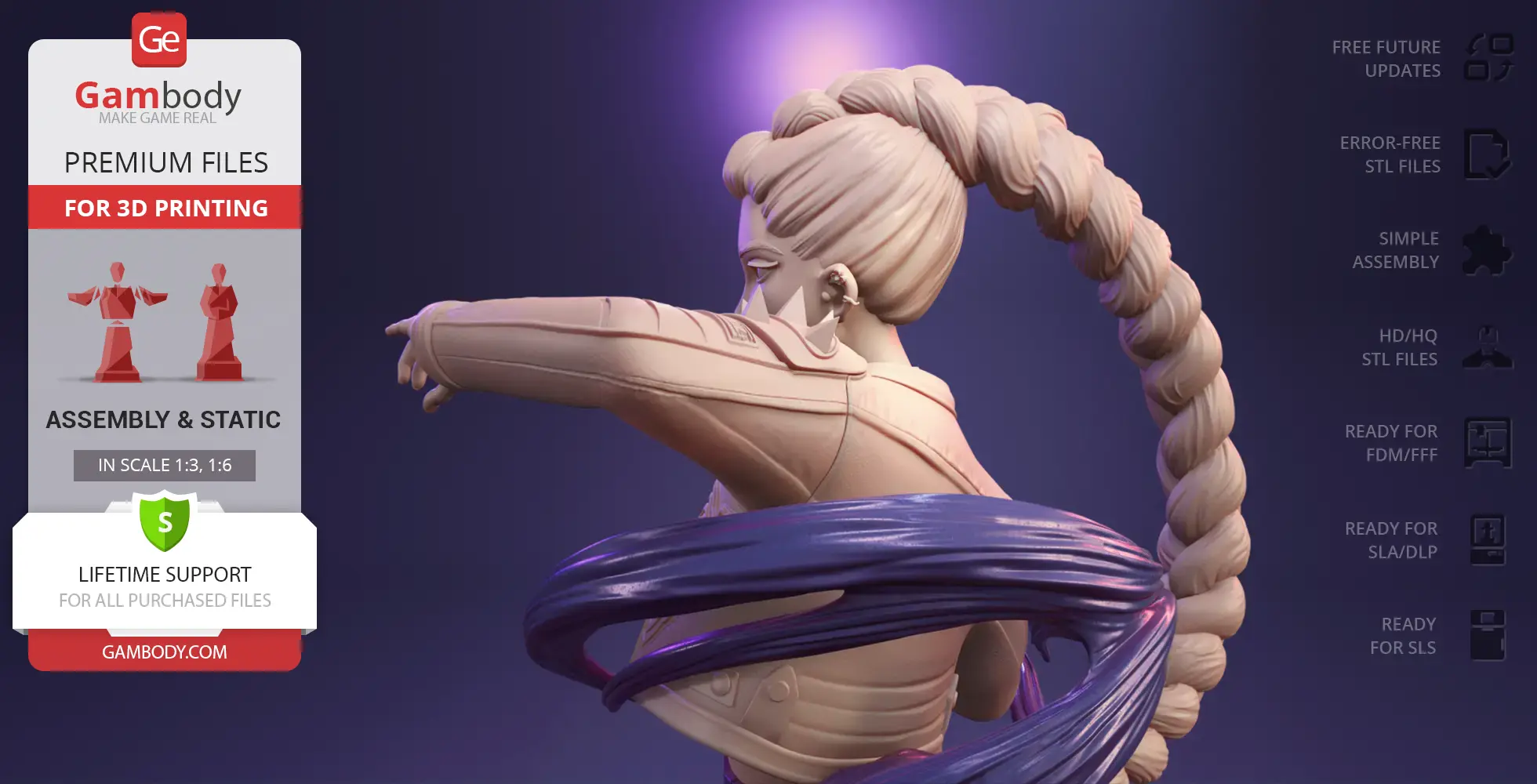 KPop-inspired demon hunter bust with long braided hair and detailed armor, ready for 3D printing.