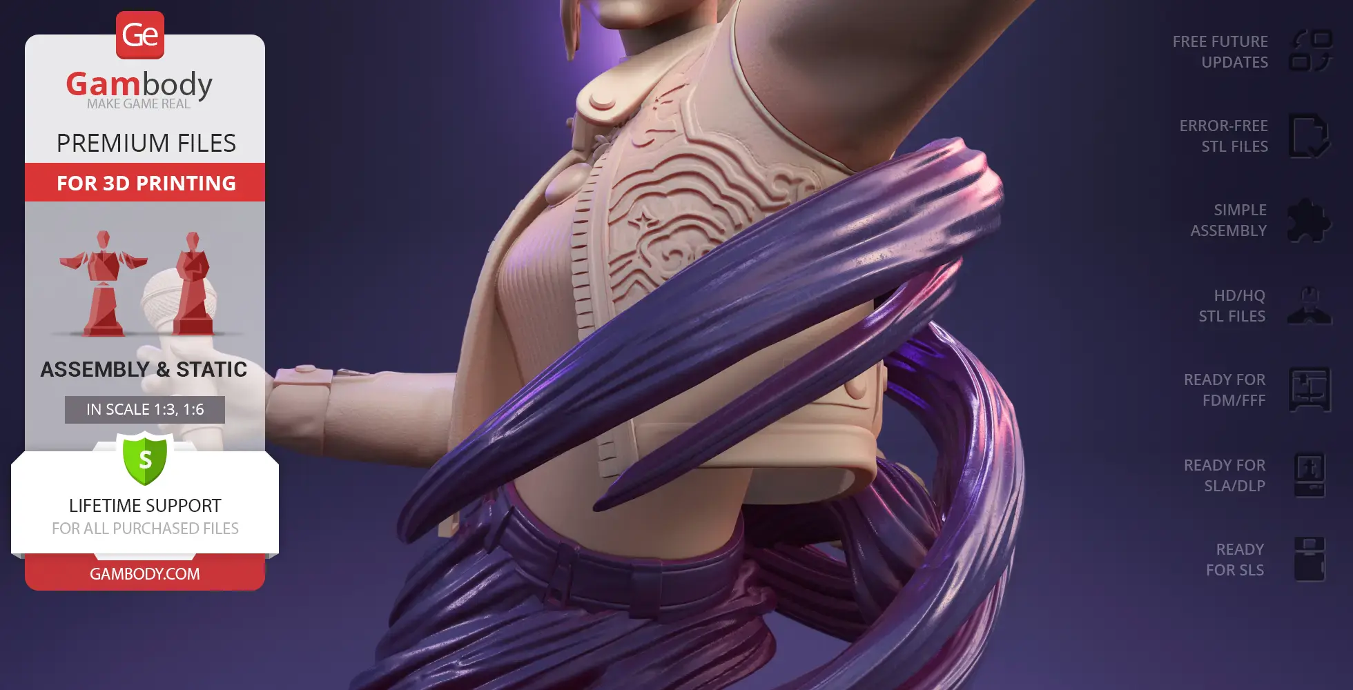 A detailed bust of a character with flowing hair, intricate armor, and a dynamic pose for 3D printing.