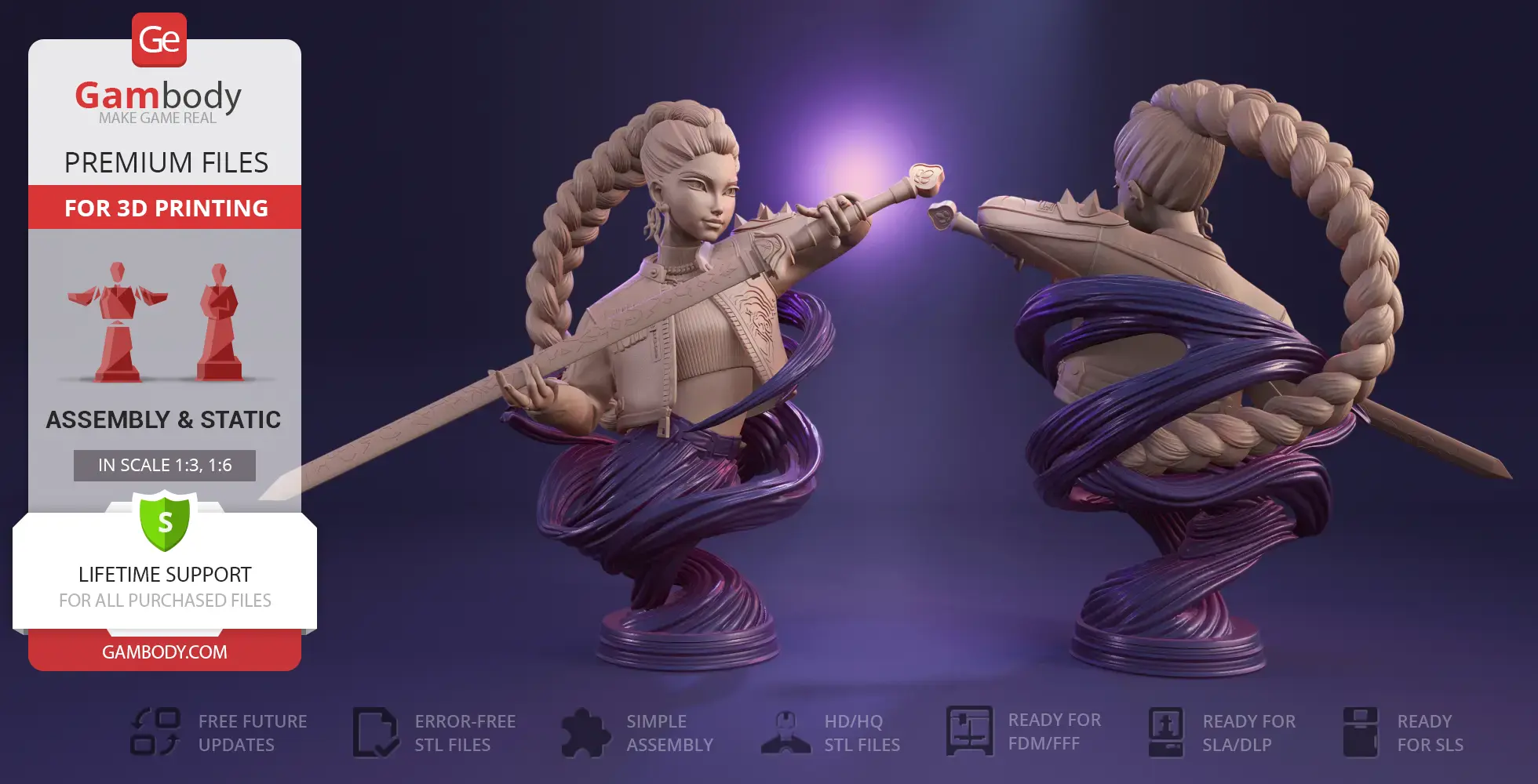 A stylized bust of a character with a long braid, holding a sword, wrapped in swirling ribbons.