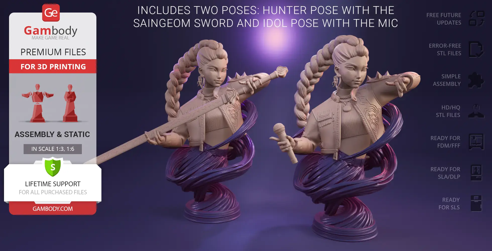 A 3D bust of a character with braided hair, in two poses: holding a sword and holding a microphone.