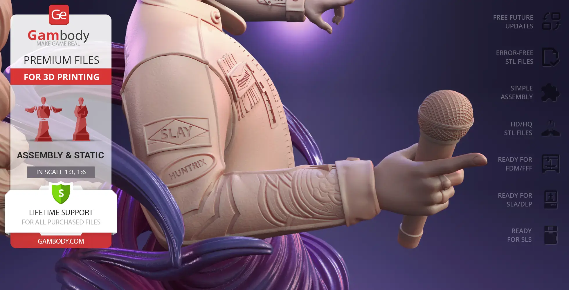 3D model of a bust with detailed jacket and microphone, featuring 'Slay Huntrix' text.