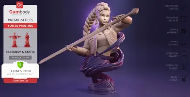 A bust of a female character with a braided hairstyle, holding a sword, surrounded by swirling fabric.