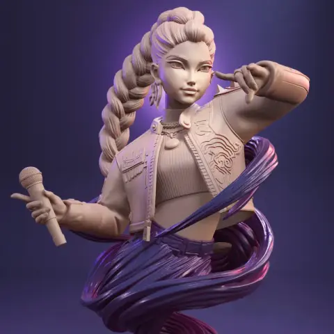 Bust of a female character with braided hair and jacket, posed dynamically with swirling elements.