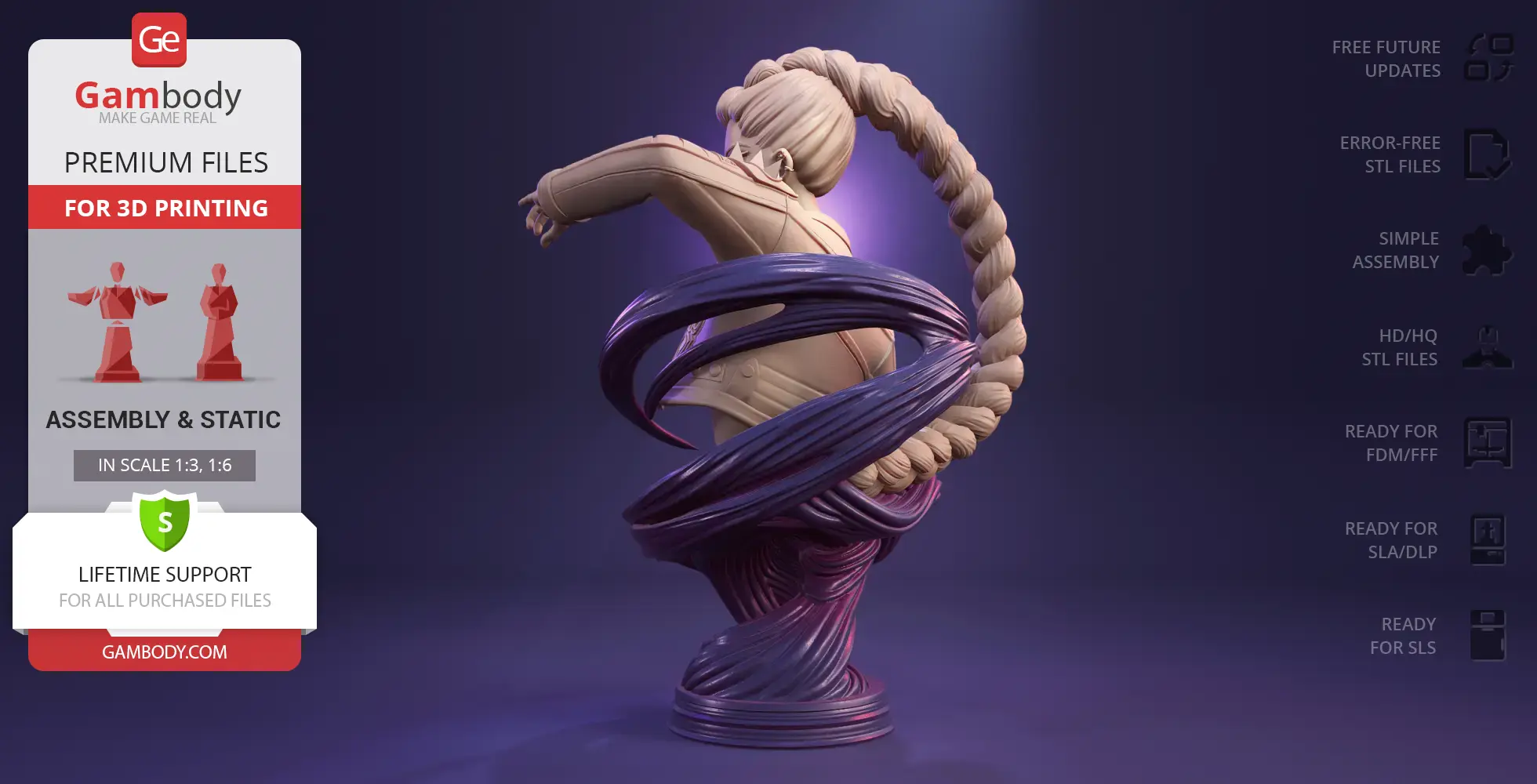 A 3D model of a KPop-inspired demon hunter bust with flowing hair and swirled base, ready for 3D printing.