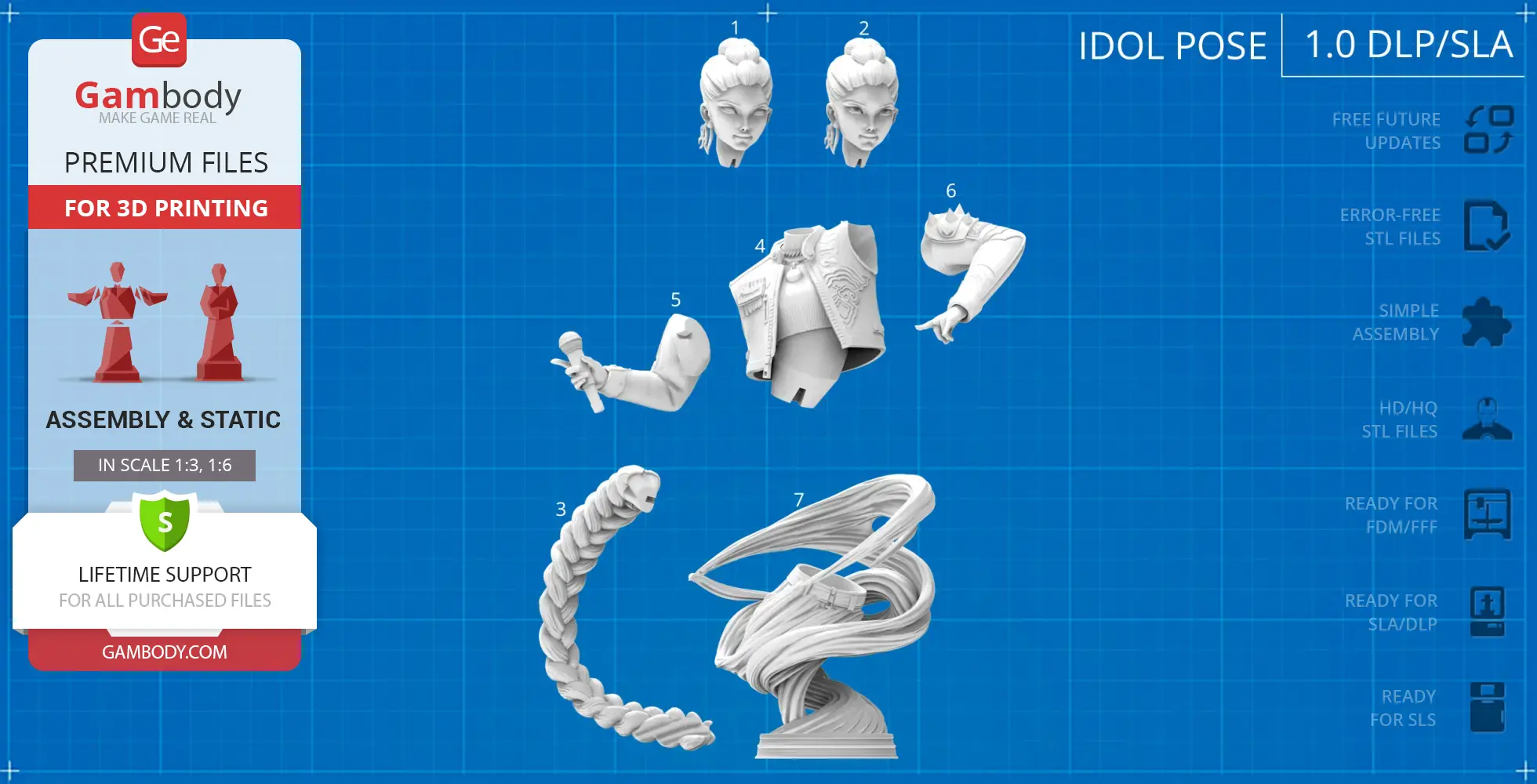 3D printable Rumi KPop Demon Hunter bust in parts: head, arms, torso, mic, braid, dynamic base.