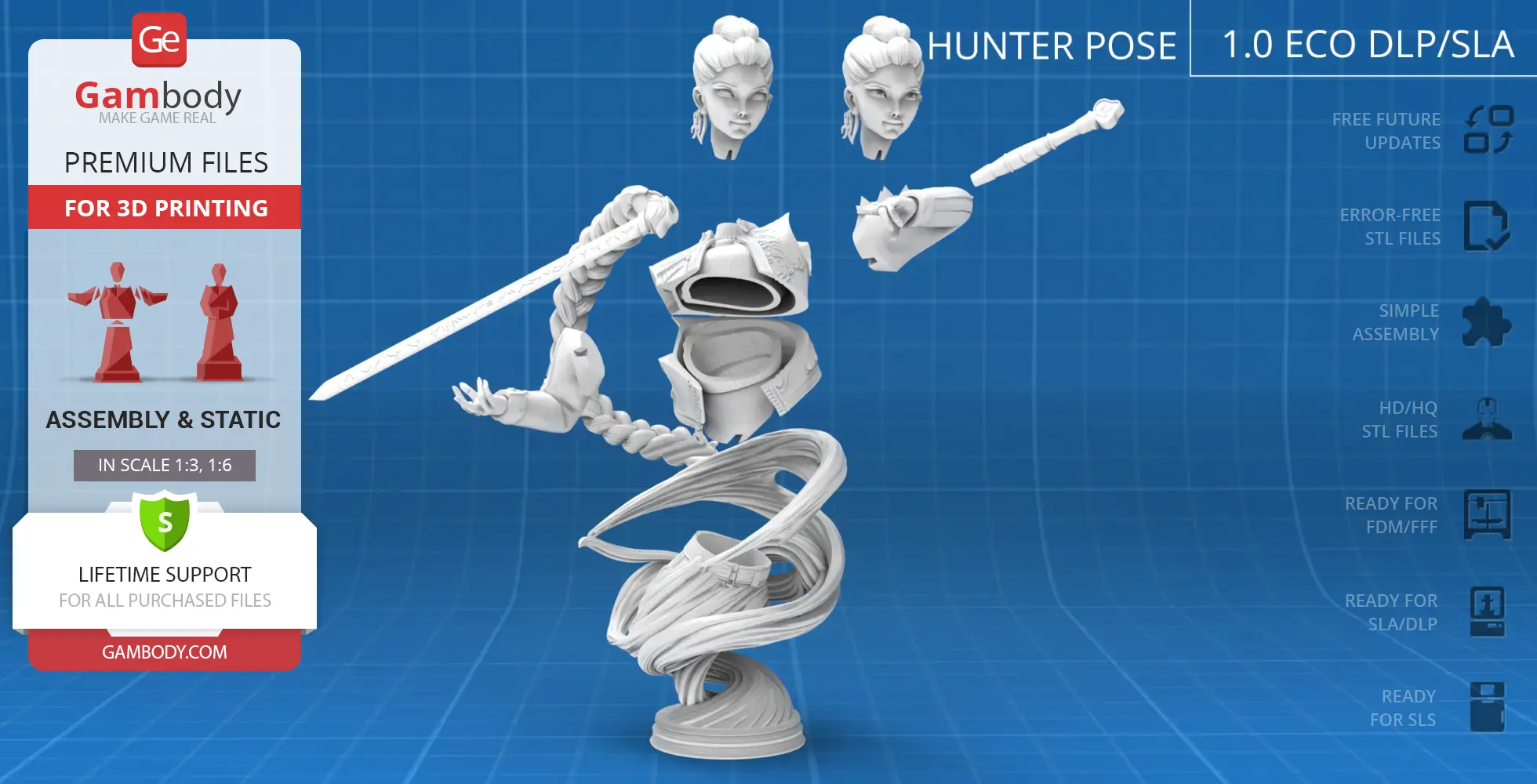 3D model kit of a stylized female warrior bust, with detailed hair and armor, for assembly and 3D printing.