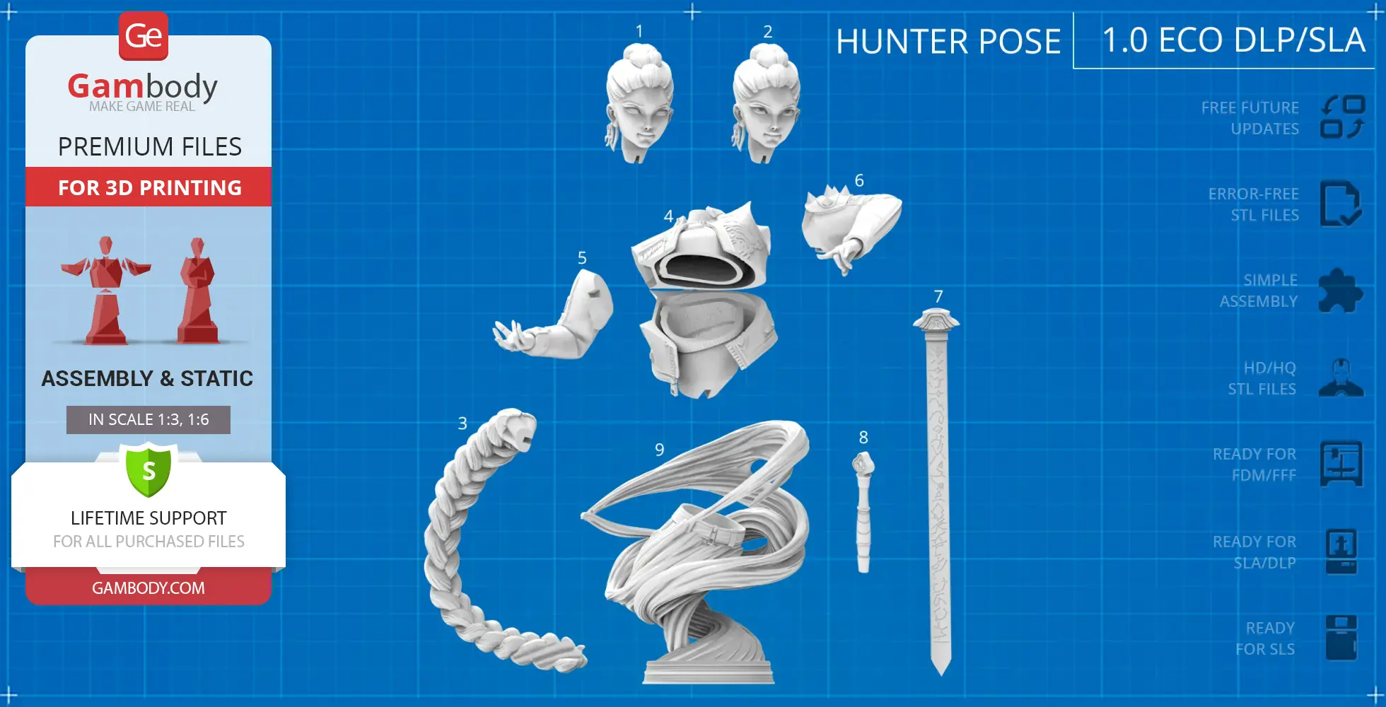 3D model parts of a female character bust, including head, armor, arms, sword, and flowing hair.