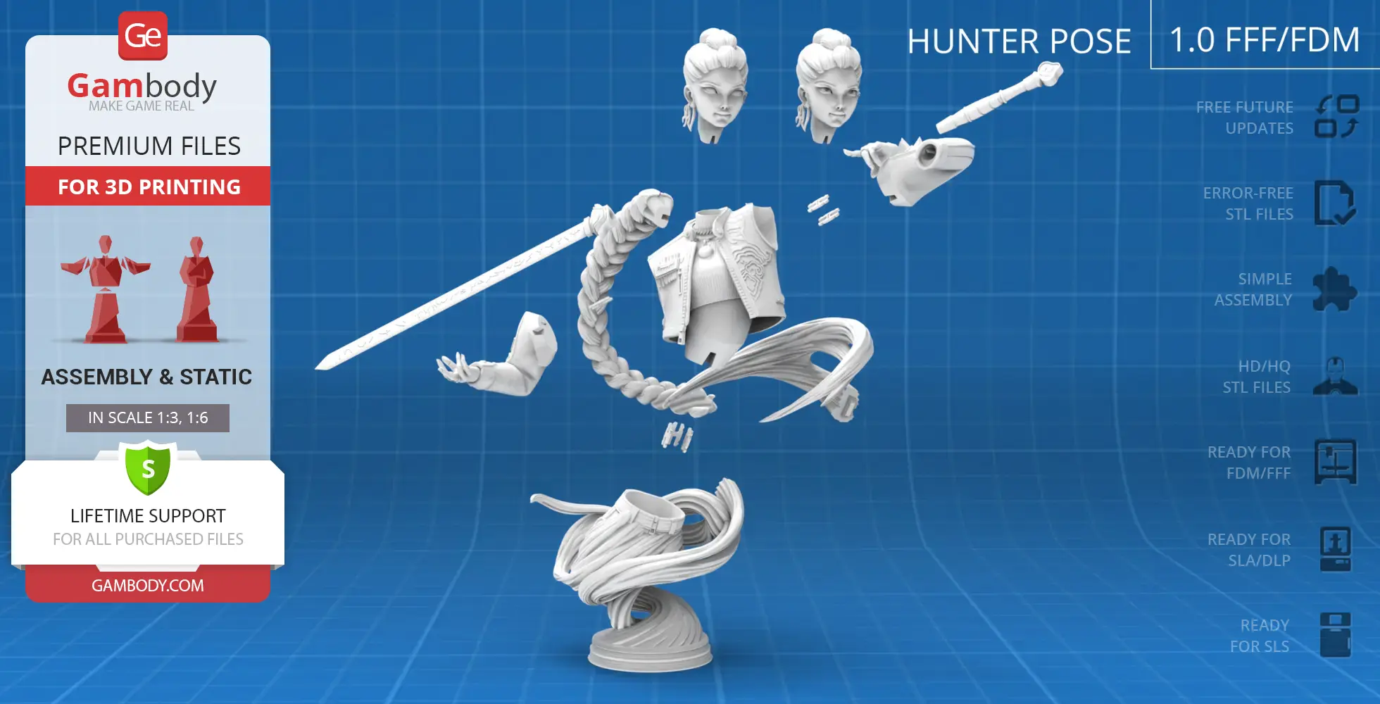 3D printed bust parts of a female demon hunter with hairstyles, armor, sword, and base on a blue grid.