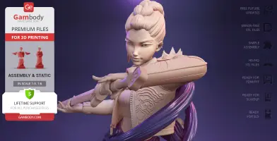 Bust of a fierce demon hunter with intricate armor and braided hair, poised with sword.