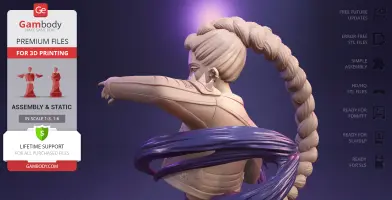 KPop-inspired demon hunter bust with long braided hair and detailed armor, ready for 3D printing.