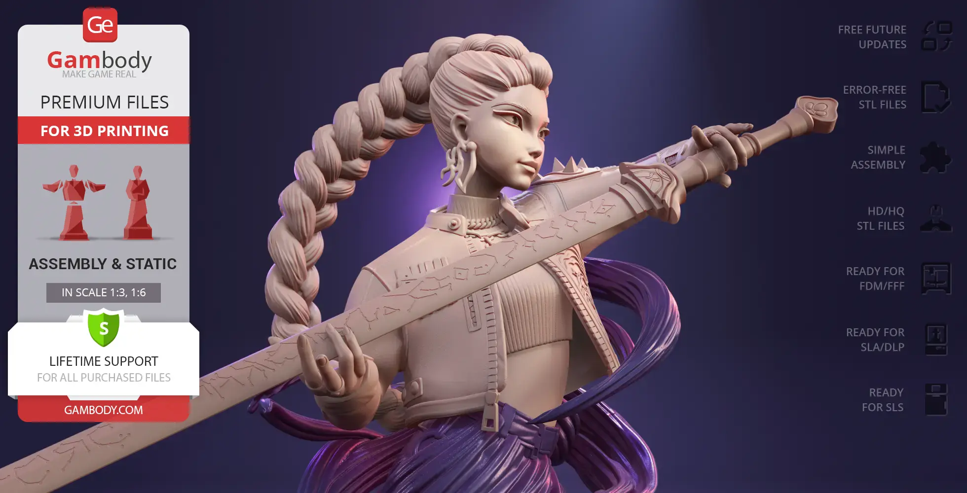 Intricate bust of a female demon hunter with braided hair and large sword, designed for 3D printing.