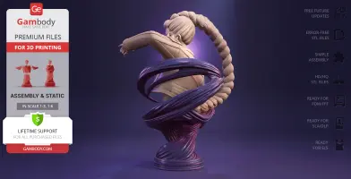 A 3D model of a KPop-inspired demon hunter bust with flowing hair and swirled base, ready for 3D printing.