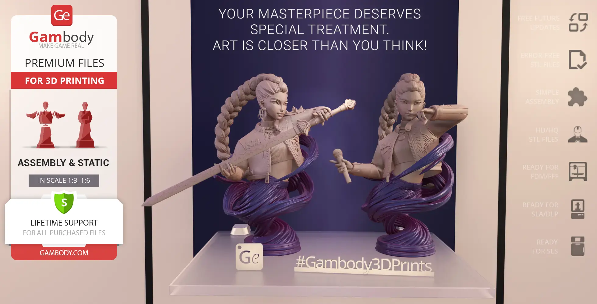 3D busts of a character with braided hair, sword, and microphone, styled as a KPop demon hunter.