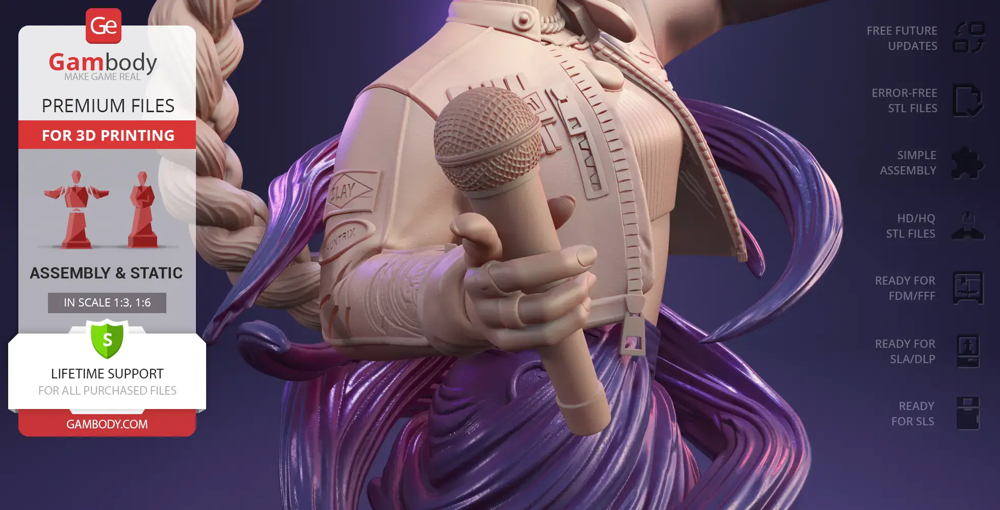 A detailed bust of a figure with flowing hair holding a microphone, suitable for 3D printing.