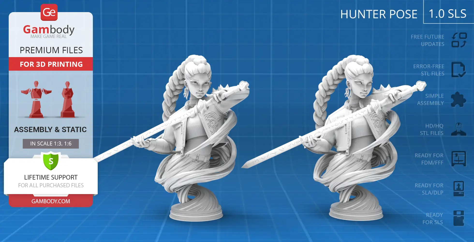 A bust of a stylized character wielding a sword, featuring intricate details and flowing hair design.