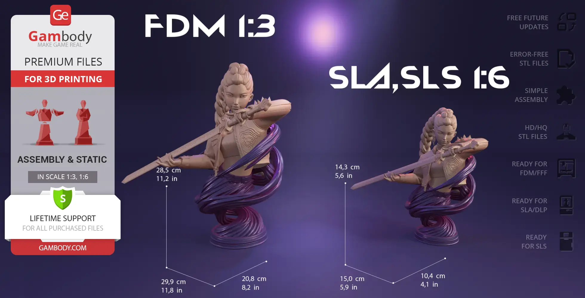 Bust of a K-Pop Demon Hunter with sword, available in two scales for 3D printing, surrounded by details.