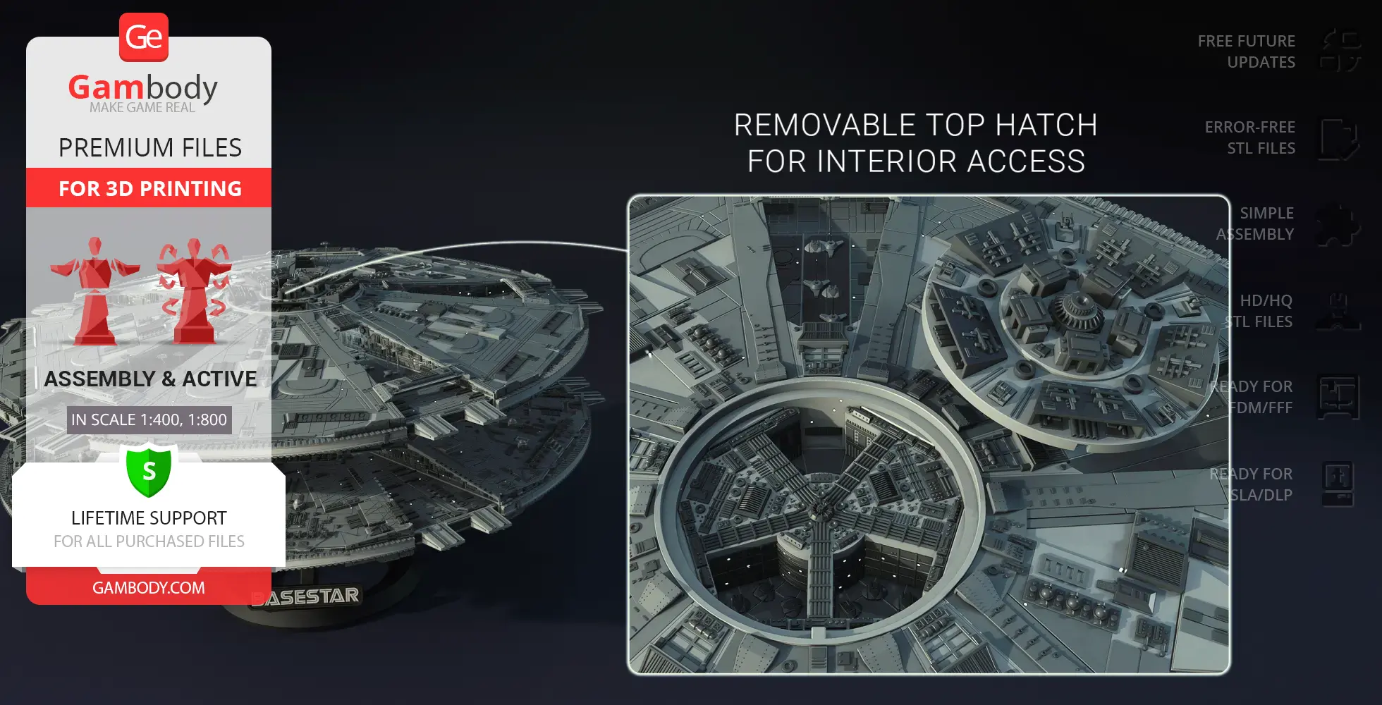 A detailed 3D model of a Cylon Basestar spacecraft with a removable top hatch for interior access.