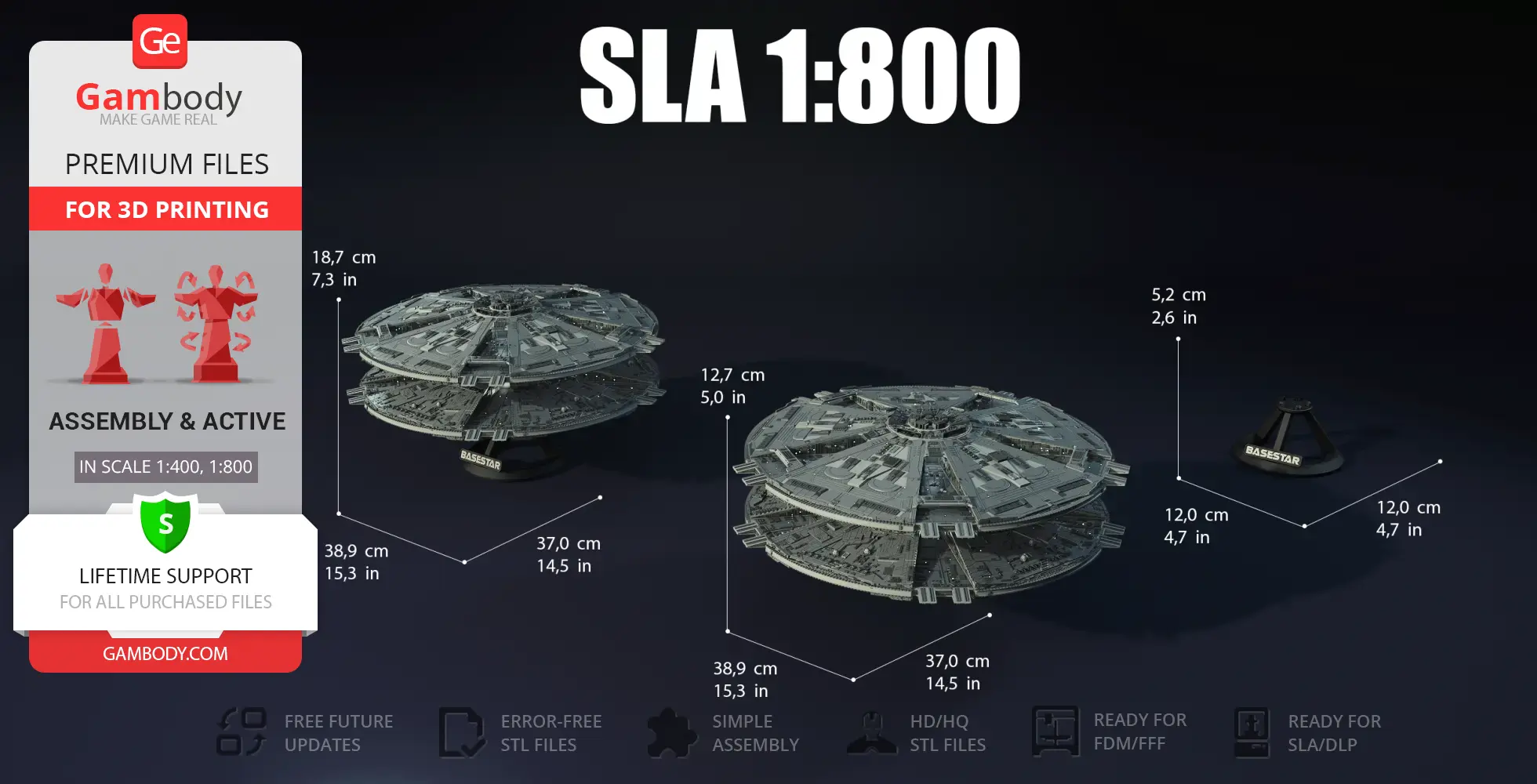 Futuristic spaceship model with circular design, shown with measurements for 3D printing in SLA scale 1:800.