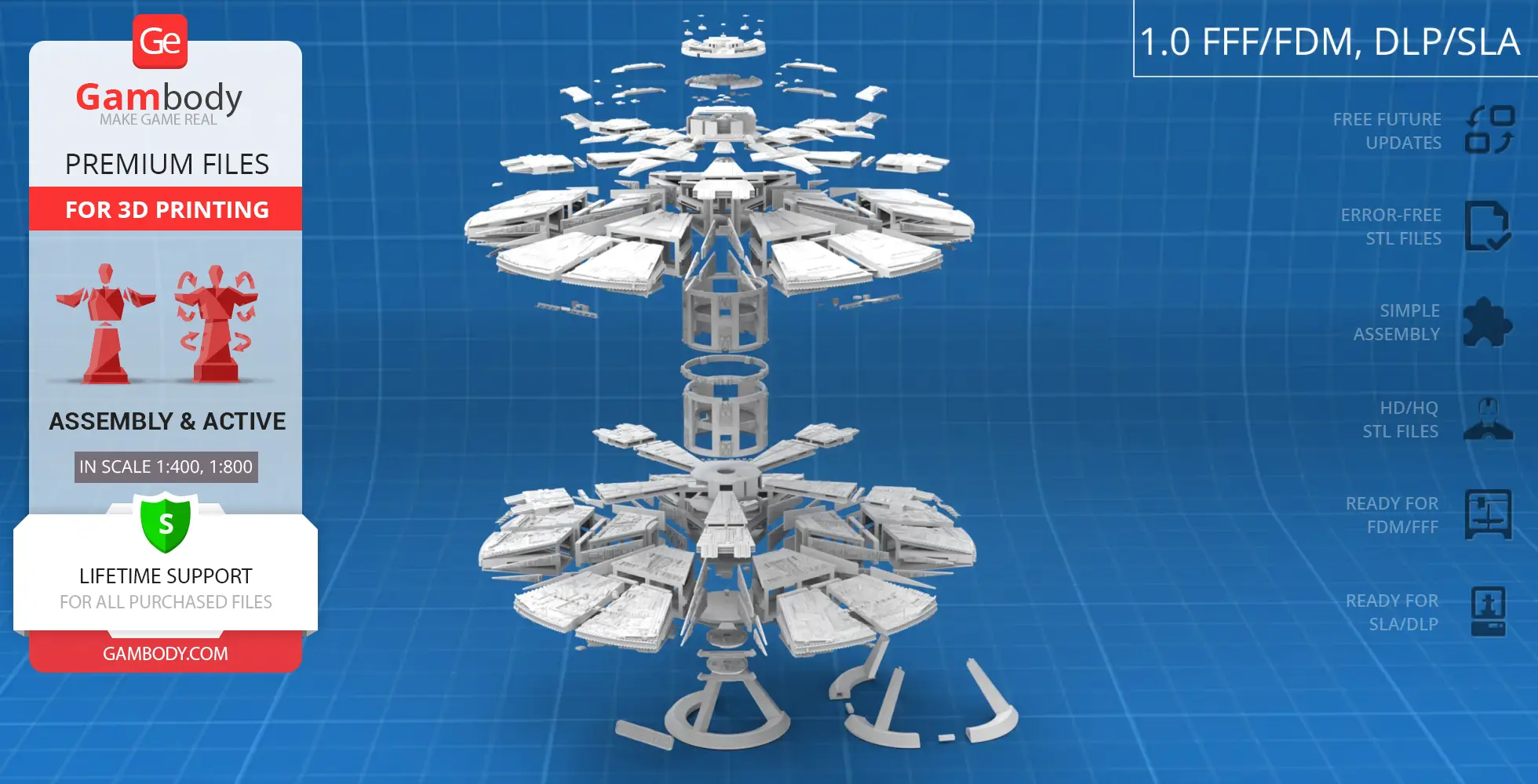Exploded view of a Cylon Basestar 3D model, showcasing assembly components on a grid background.
