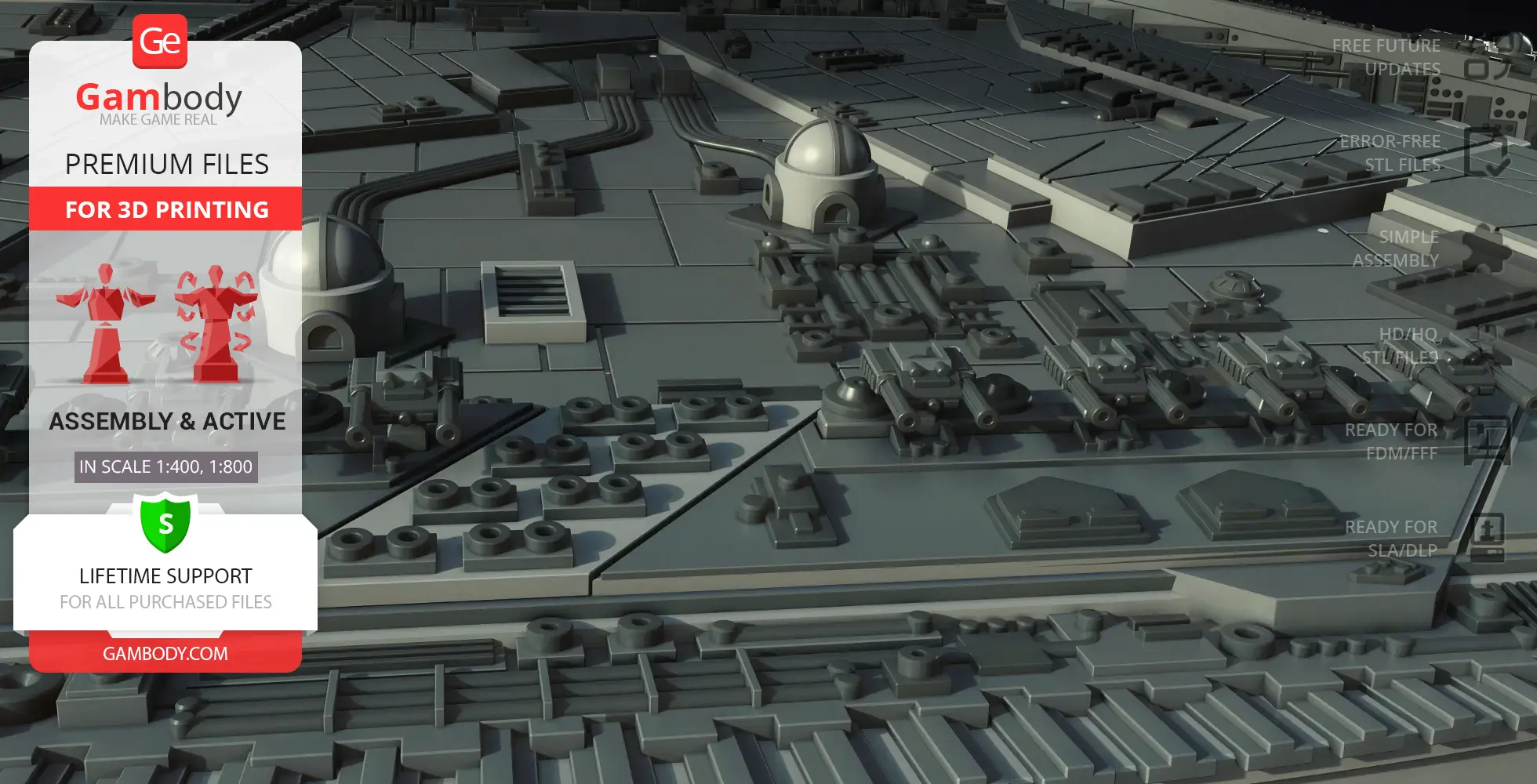 Close-up view of a detailed sci-fi spaceship surface with various geometric structures.