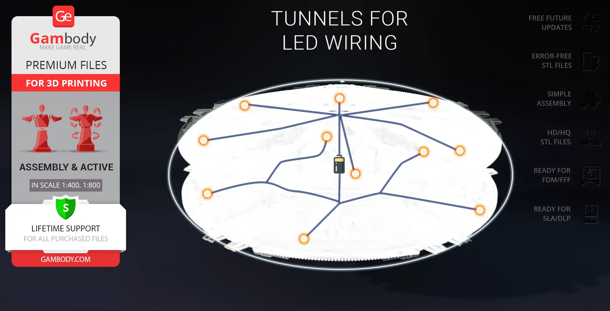 Cylon Basestar model diagram showing LED wiring tunnels for 3D printing on Gambody platform.