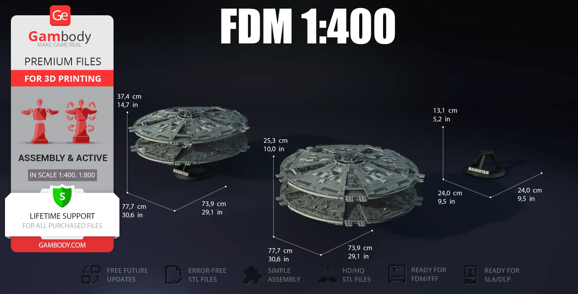 3D model of a Cylon Basestar from TOS with dimensions for 3D printing at 1:400 scale.