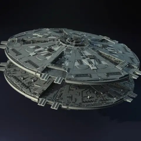 A detailed 3D model of a Cylon Basestar, featuring a round, layered, sci-fi spaceship design.
