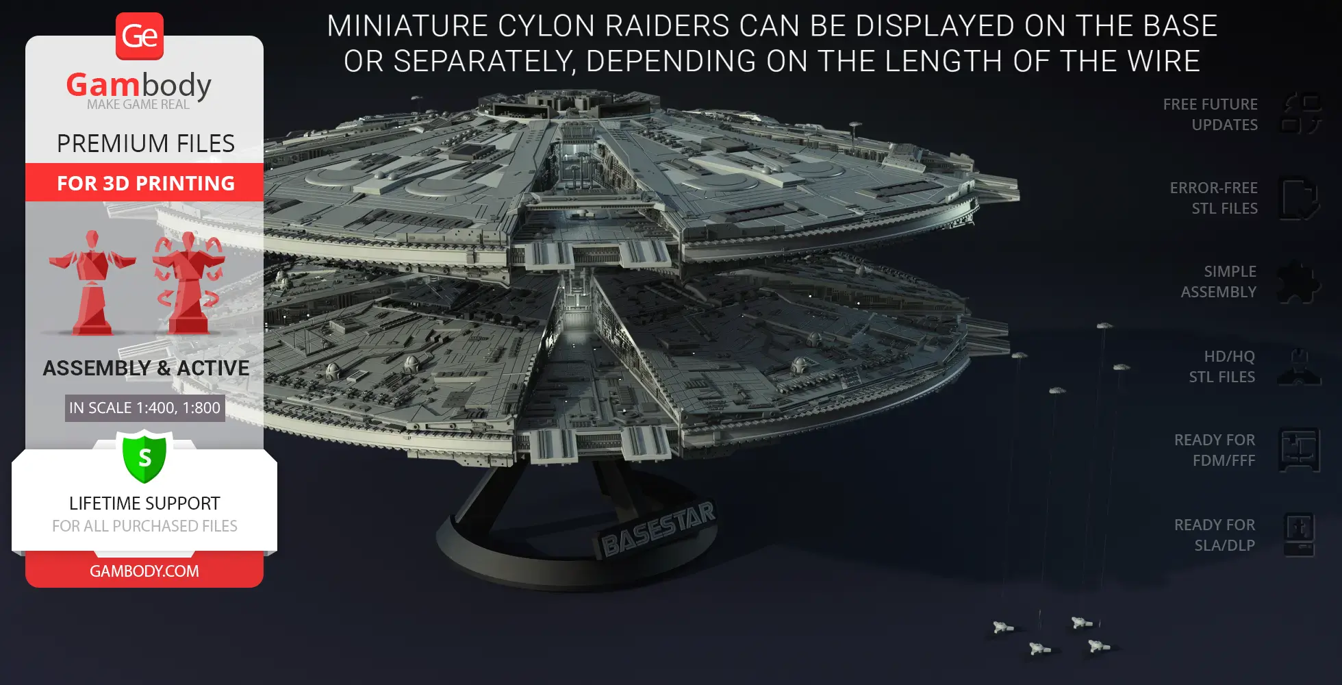 A detailed 3D model of a Cylon Basestar from Battlestar Galactica on display stand with mini ships.
