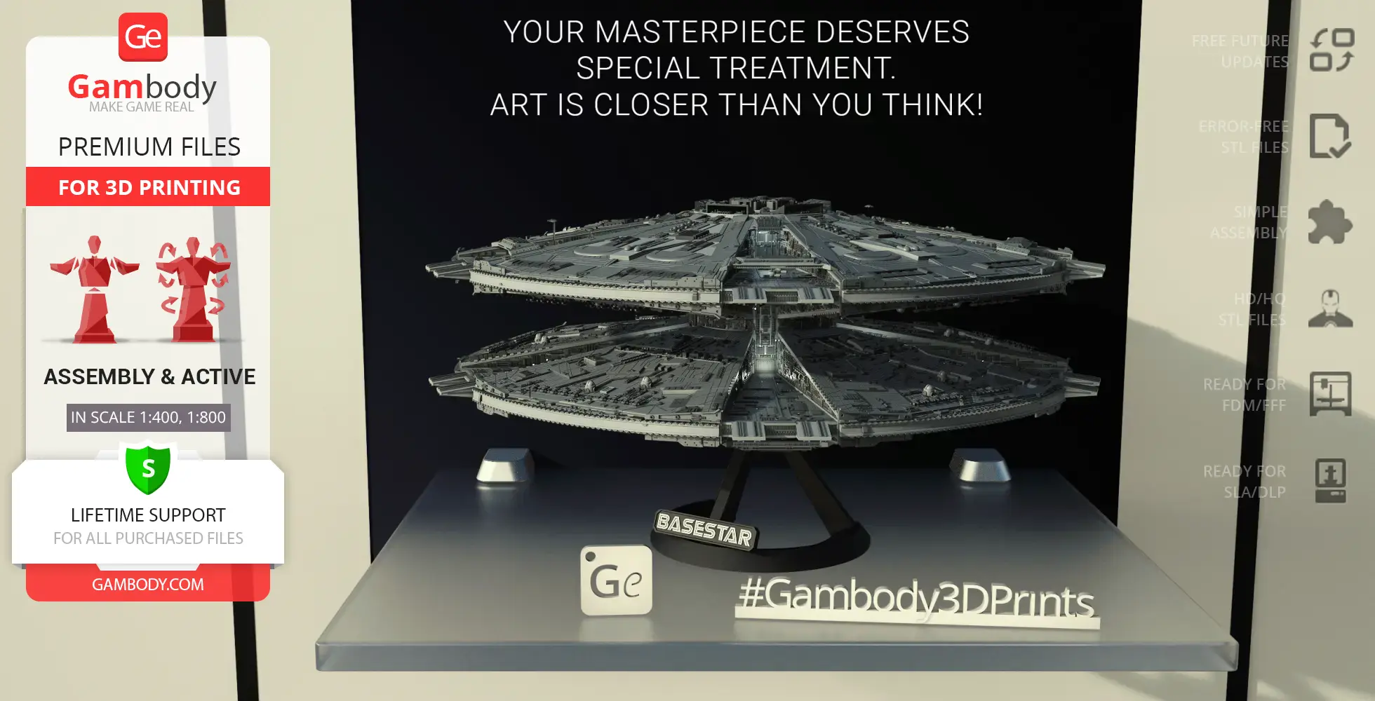 A detailed 3D model of a Cylon Basestar displayed on a platform with promotional text.