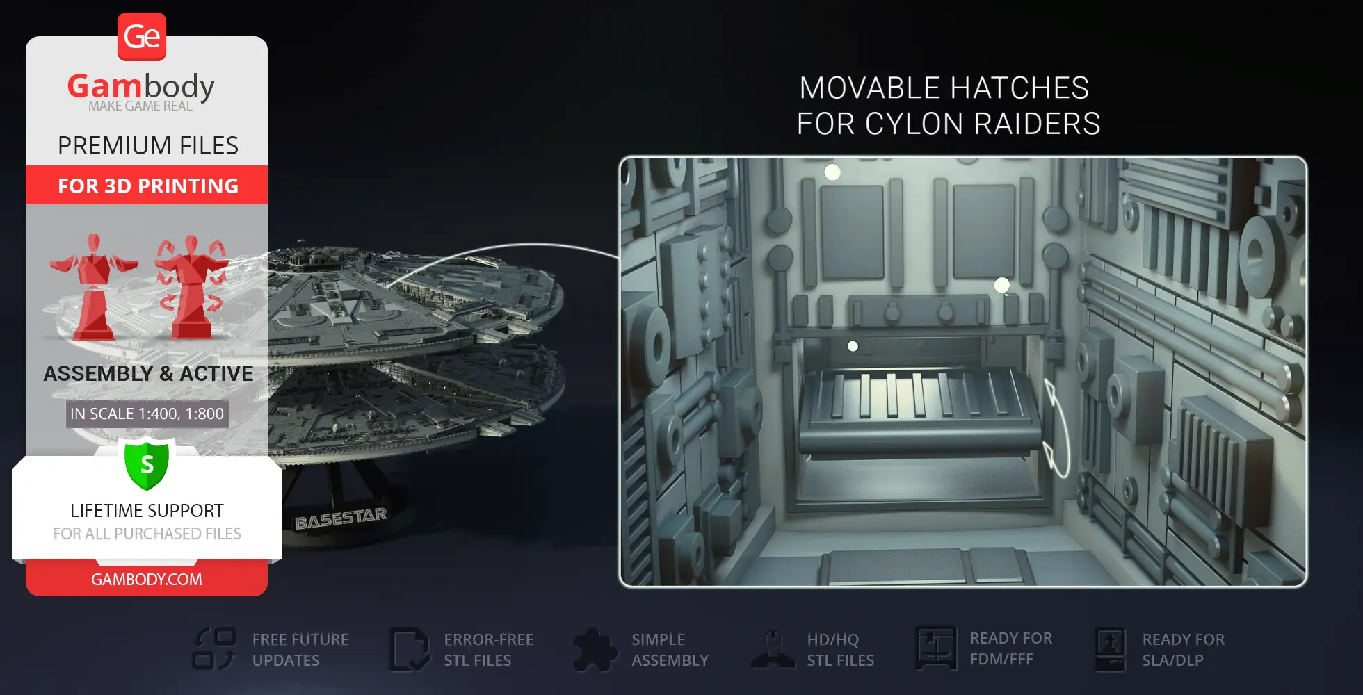 Cylon Basestar 3D model with movable hatches, suitable for 3D printing.