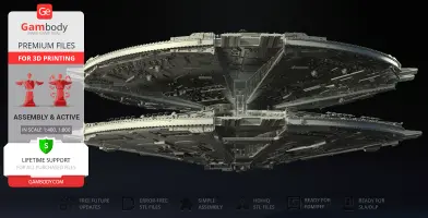 Futuristic, detailed 3D model of a Cylon Basestar spacecraft for 3D printing, displayed against a dark background.