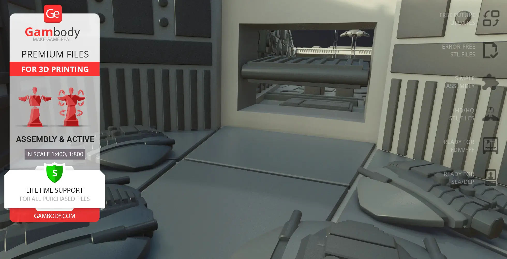 Detailed interior of a futuristic spaceship model for 3D printing, featuring geometric panels and modules.