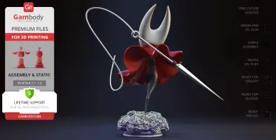 A 3D model of Hornet from Hollow Knight, poised dynamically with a needle, set on a floral base.