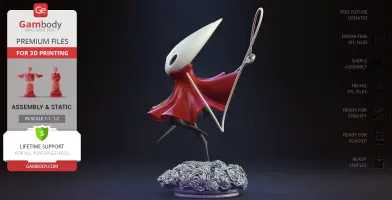 A figure in red cloak with needle on a flower base for 3D printing from Hollow Knight: Silksong.