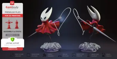 A 3D model of Hornet from Hollow Knight, posed dynamically with a red cloak and needle weapon.