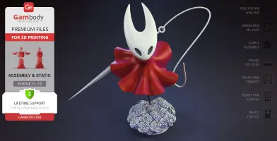 A white-masked figure with a red cloak stands on a floral base, poised with a needle in dynamic pose.