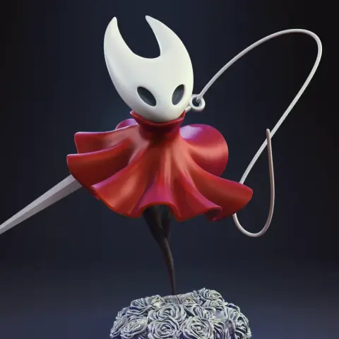 A 3D model of Hornet from Hollow Knight, wearing a red cloak and wielding a needle weapon.