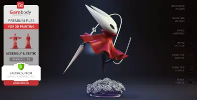 A 3D model of Hornet from Hollow Knight in a dynamic pose, with a red cloak and white mask, standing on flowers.