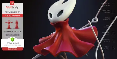 Character with white mask and red cloak, wielding a needle-like weapon.