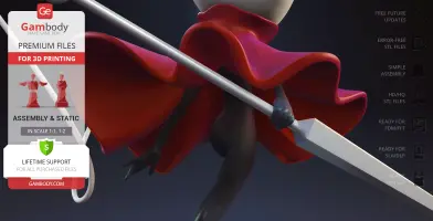 A dynamic figure in a red cloak holding a spear, designed for 3D printing.