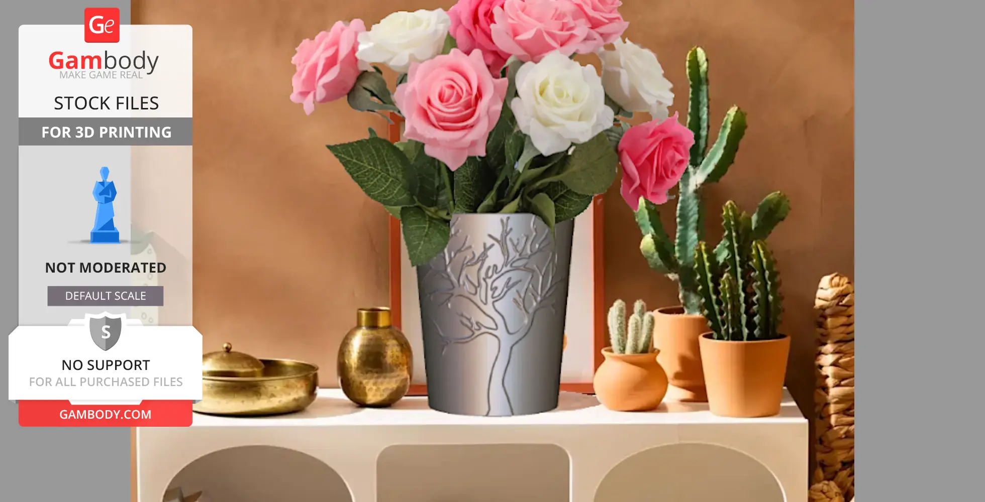 A tree-etched flower vase with roses, surrounded by small potted cacti and brass decor items.