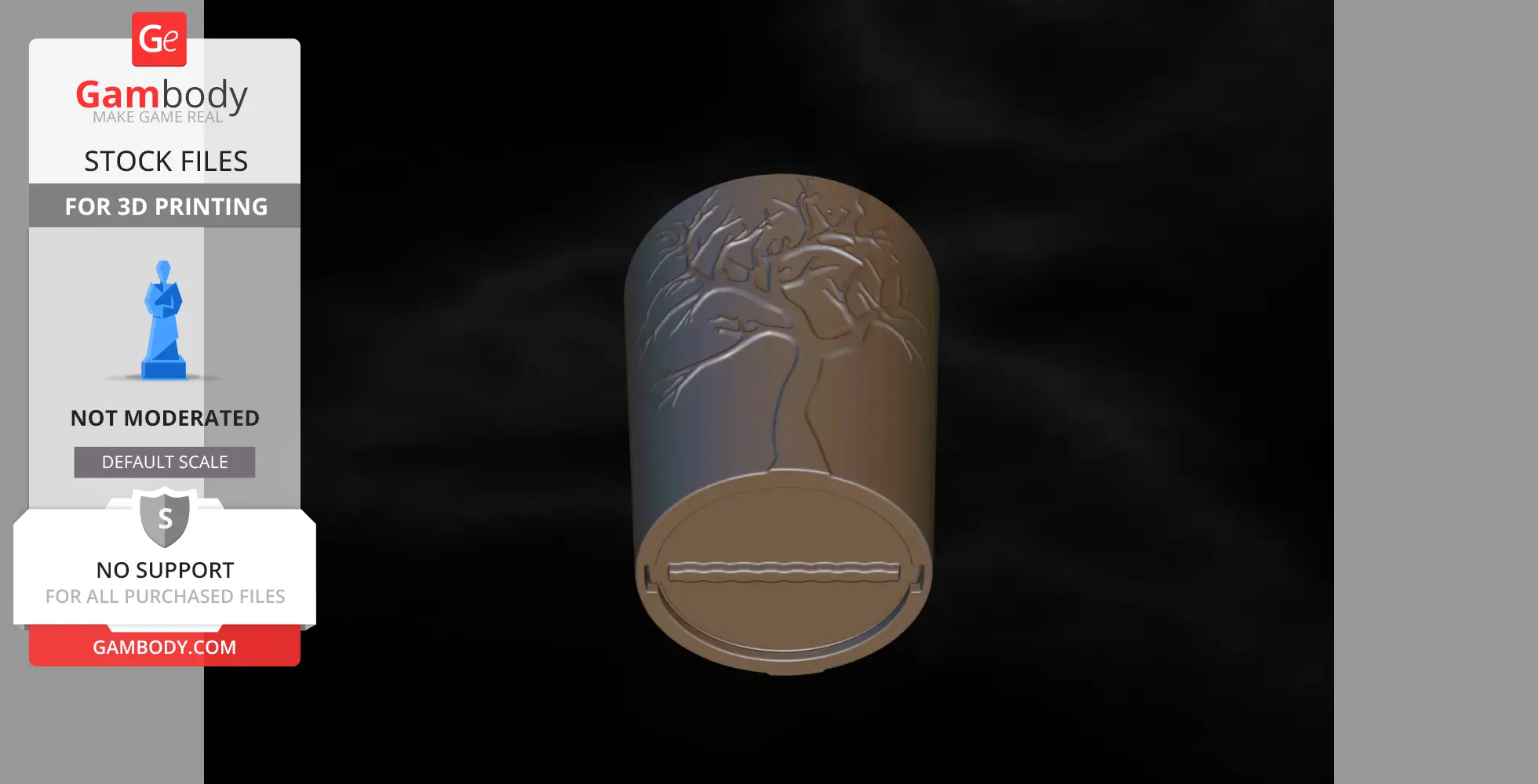 A cylindrical vase with a tree design and a secret compartment at the base.